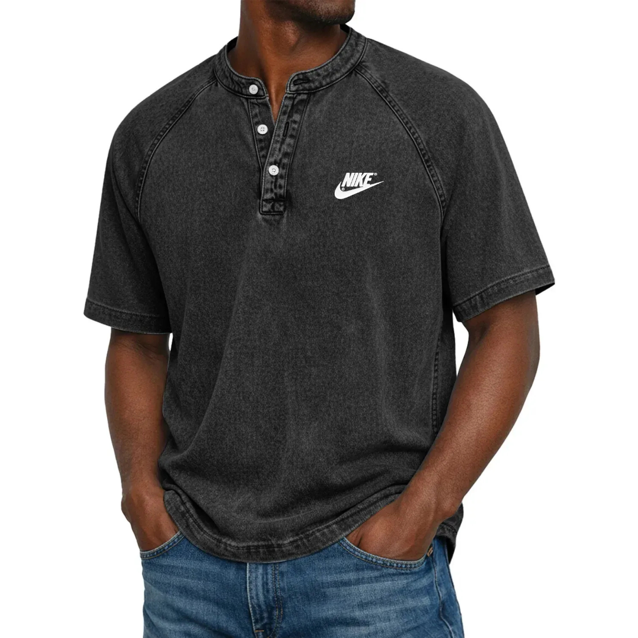 Klassisk Knapp-Hals Henley T-shirt - Utförsäljning