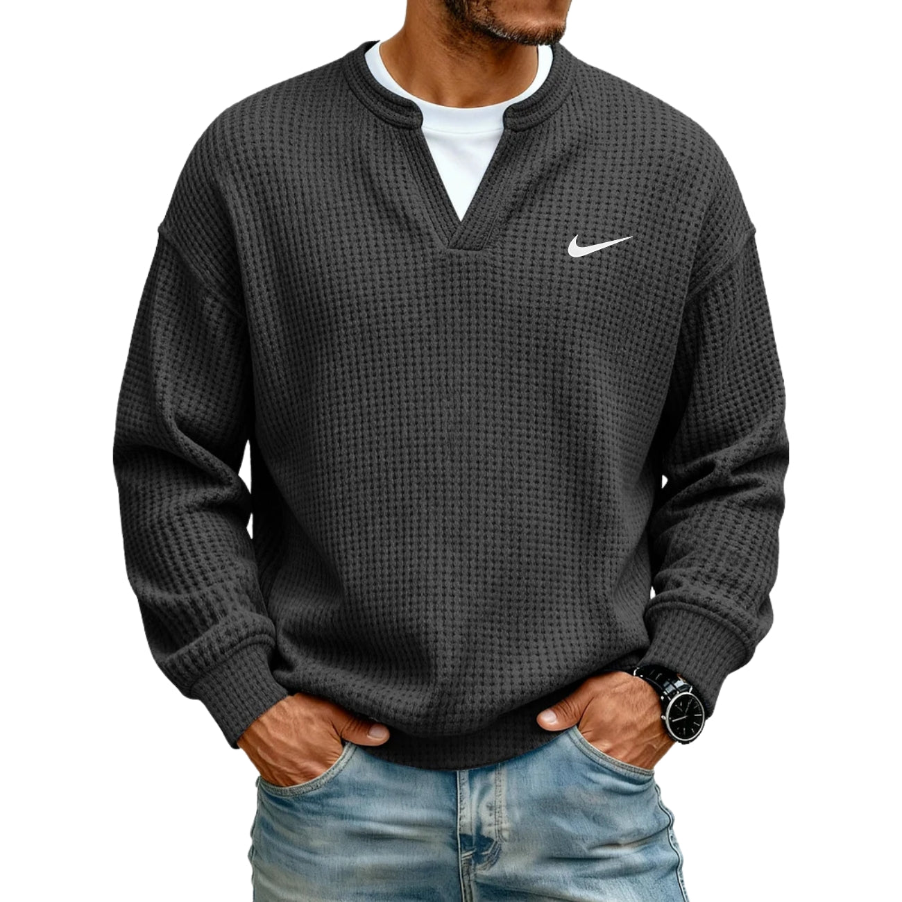 Strukturerad V-ringad Sweatshirt - UTFÖRSÄLJNING