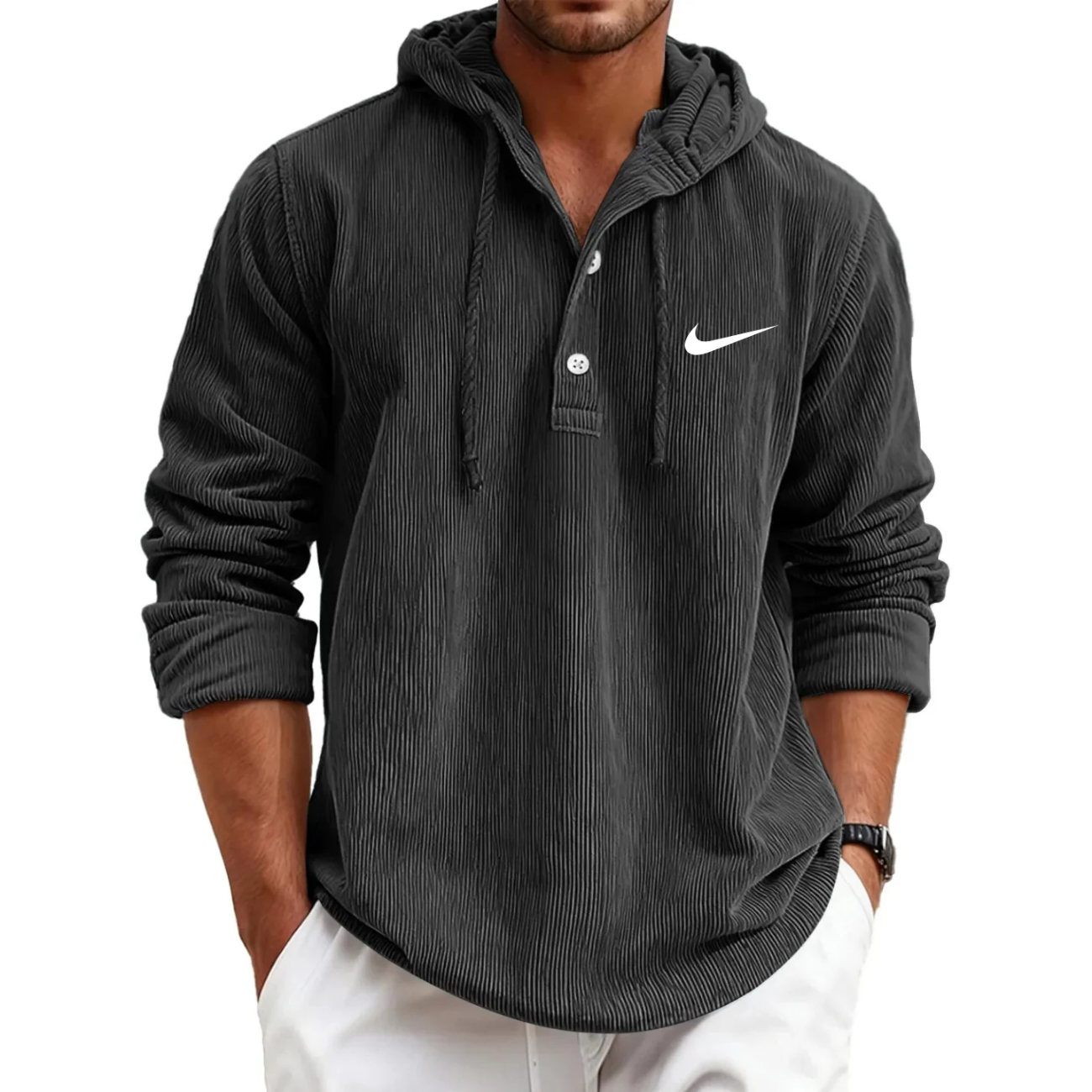 2026 Texturerad Huvtröja Henley - Utförsäljning