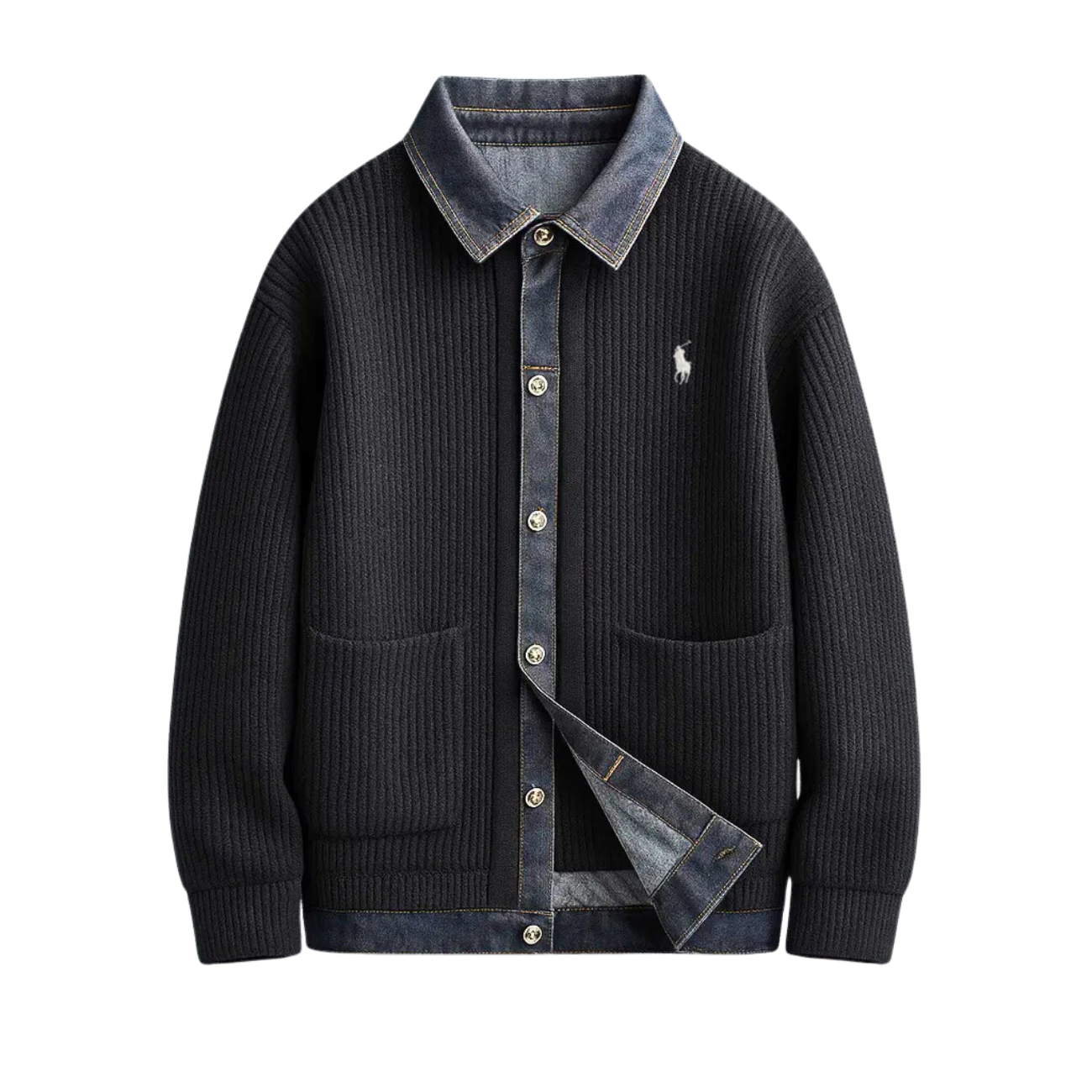 Ribbad Stickad Denimjacka || Utförsäljning