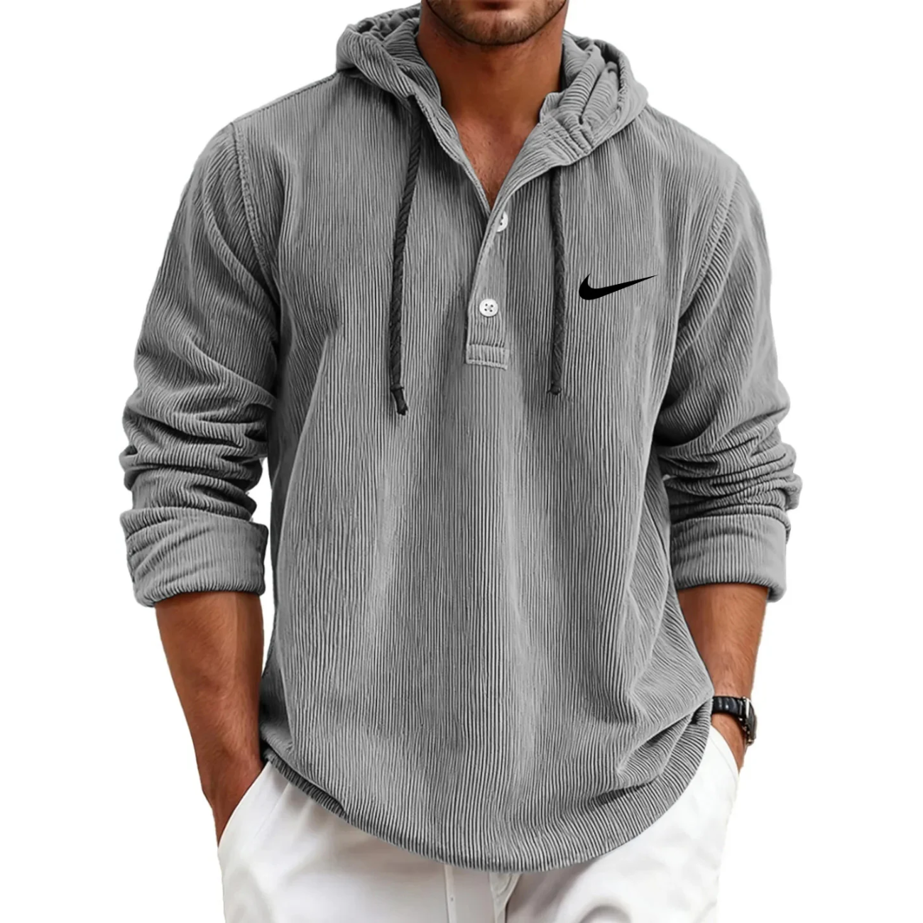 2026 Texturerad Huvtröja Henley - Utförsäljning