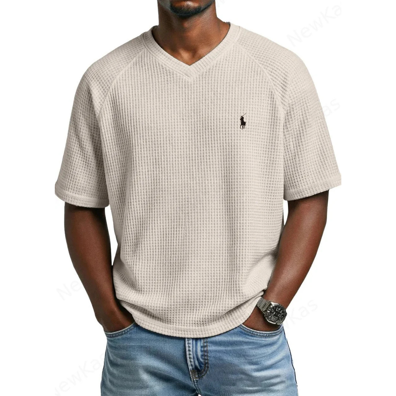 2026 Waffle Stickad V-ringad T-shirt - Utförsäljning