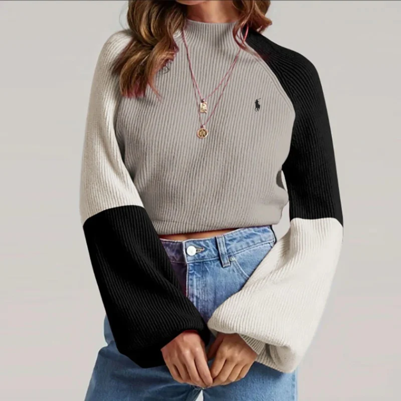 2026 Tvåfärgad Ribbstickad Tröja med Mock Neck - Utförsäljning