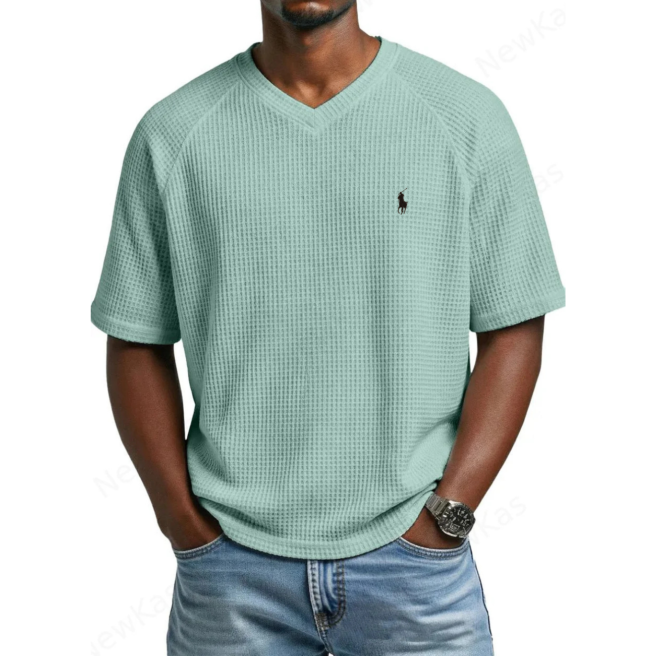 2026 Waffle Stickad V-ringad T-shirt - Utförsäljning