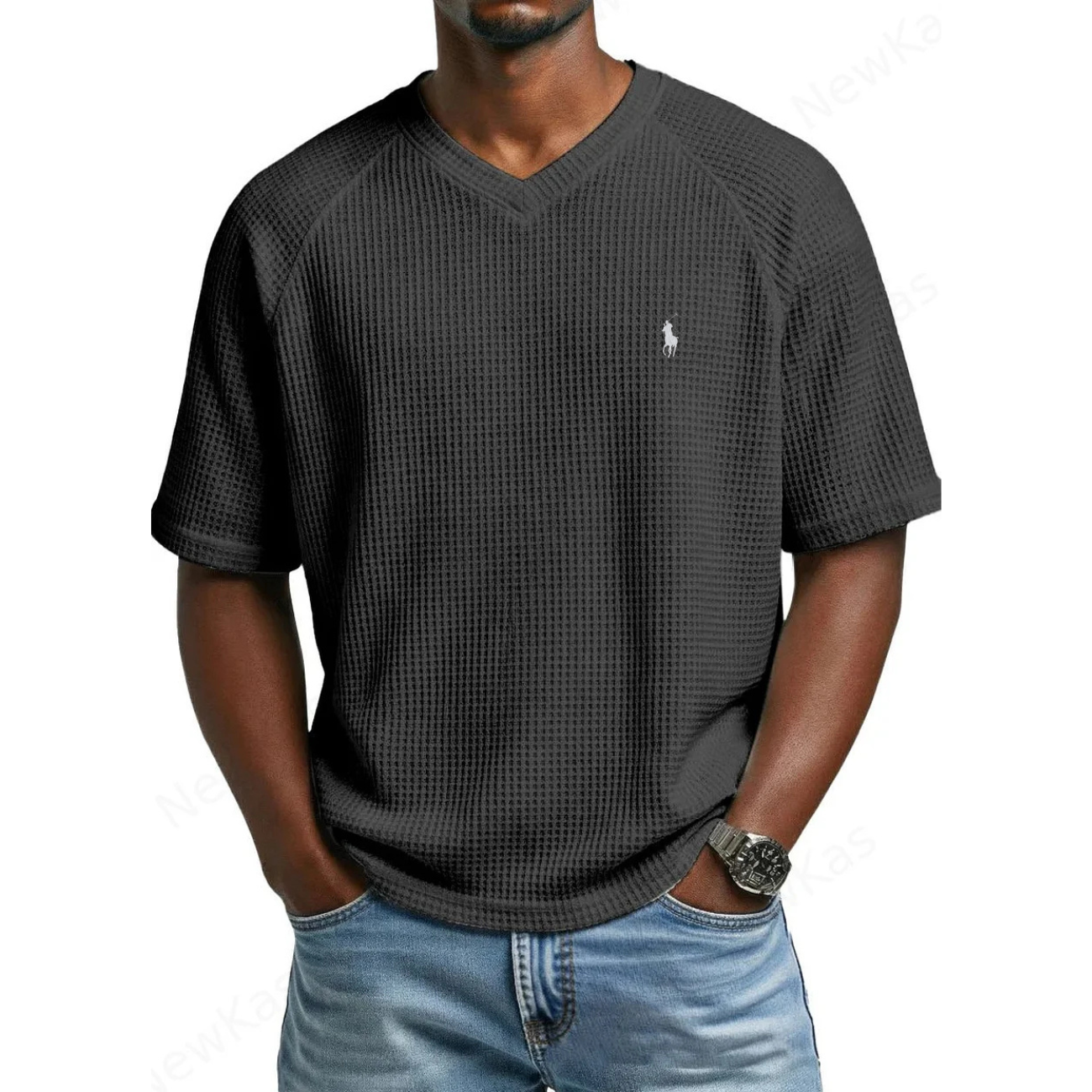 2026 Waffle Stickad V-ringad T-shirt - Utförsäljning