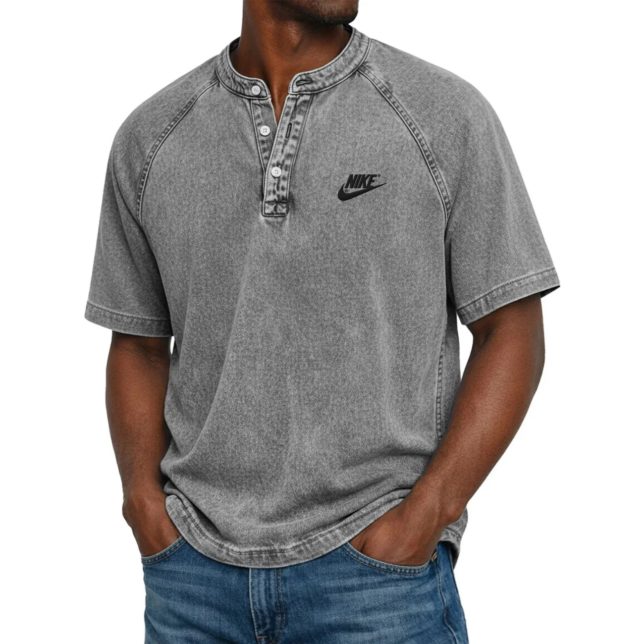 Klassisk Knapp-Hals Henley T-shirt - Utförsäljning