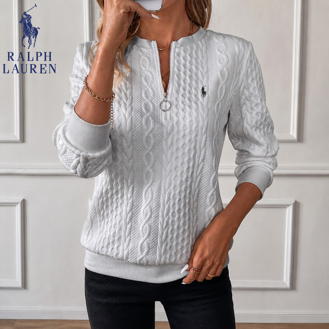 Kabelstickad Quarter-Zip Pullover || Utförsäljning
