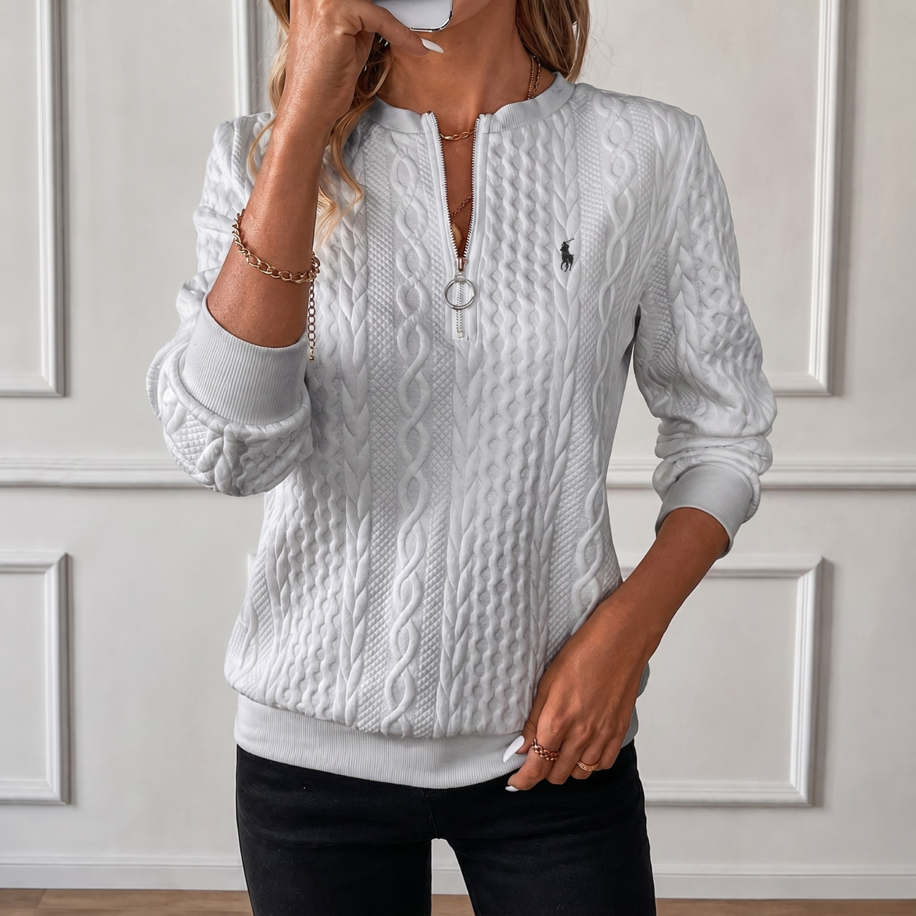 Kabelstickad Quarter-Zip Pullover - Utförsäljning