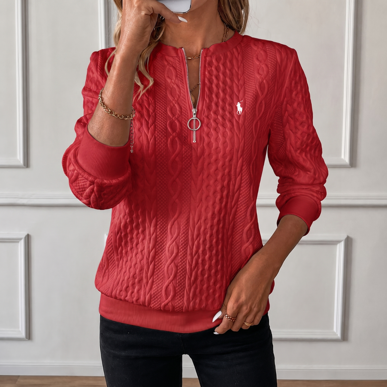 Kabelstickad Quarter-Zip Pullover - Utförsäljning