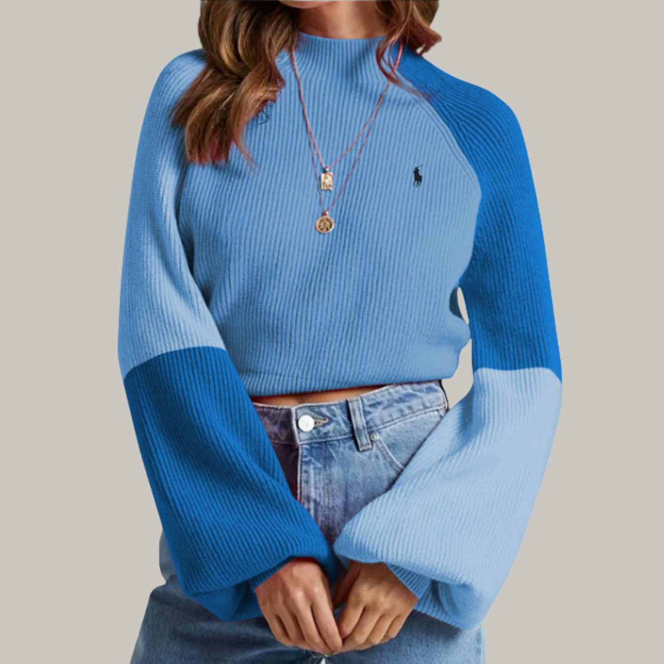 2026 Tvåfärgad Ribbstickad Tröja med Mock Neck - Utförsäljning
