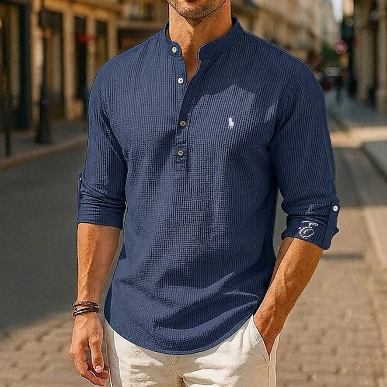 2026 Texturerad våffelstickad Henley-tröja - Utförsäljning