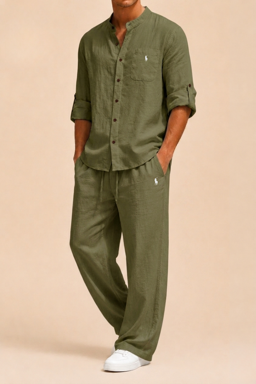 Mandarin Collar Linen Set - Utförsäljning