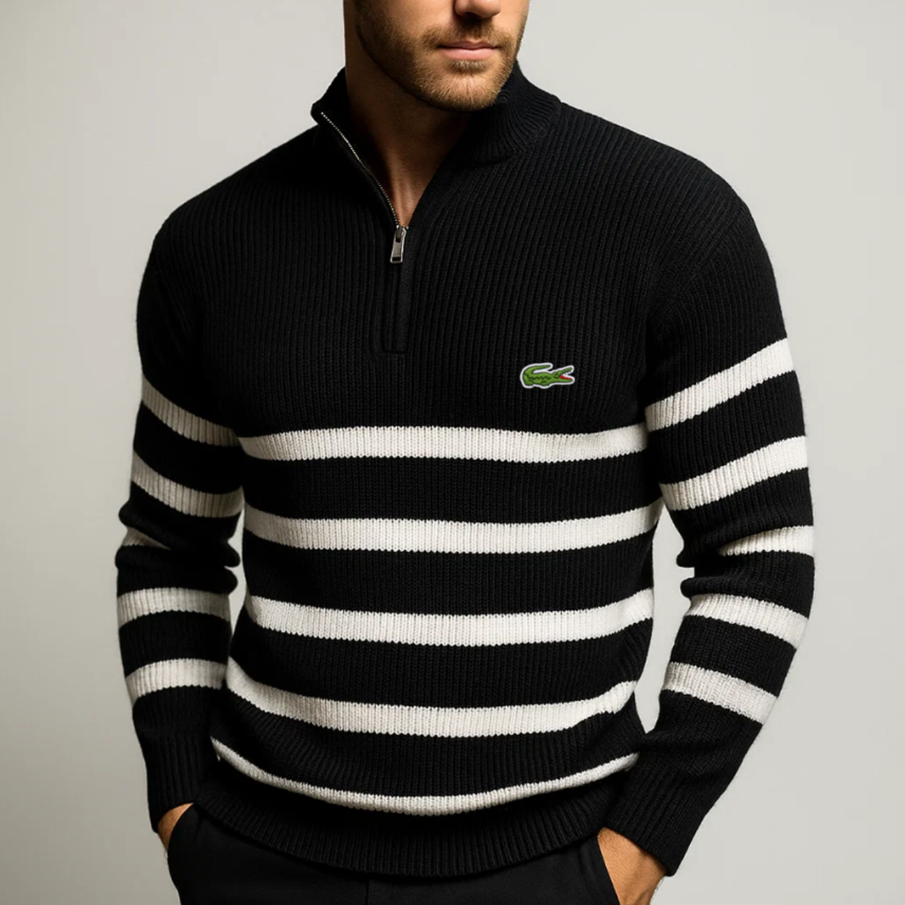 Klassisk Randig Zip-Up Tröja - Utförsäljning