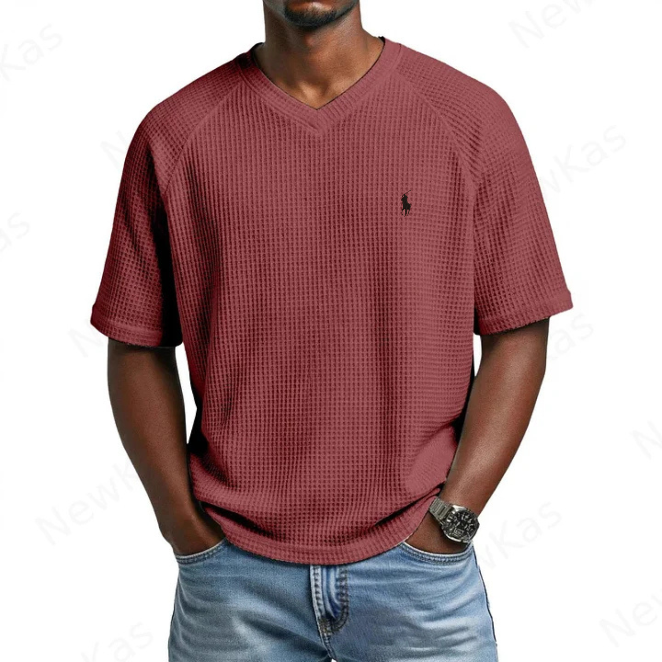2026 Waffle Stickad V-ringad T-shirt - Utförsäljning