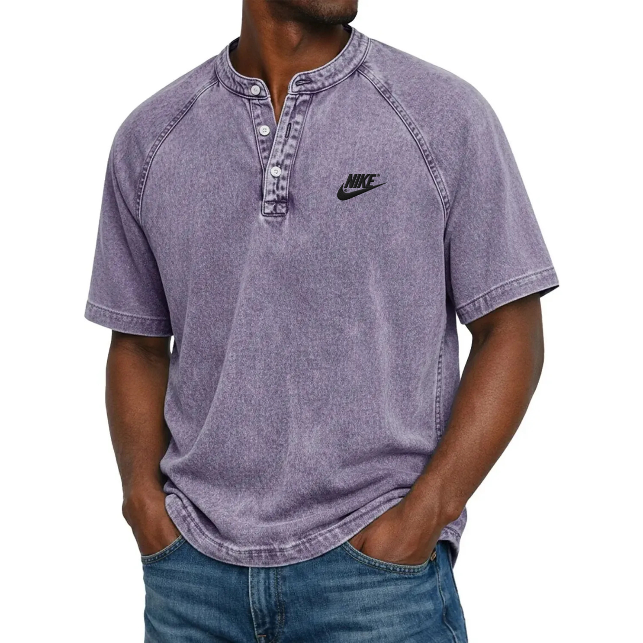 Klassisk Knapp-Hals Henley T-shirt - Utförsäljning