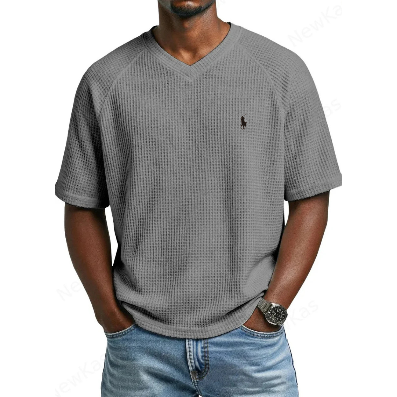 2026 Waffle Stickad V-ringad T-shirt - Utförsäljning
