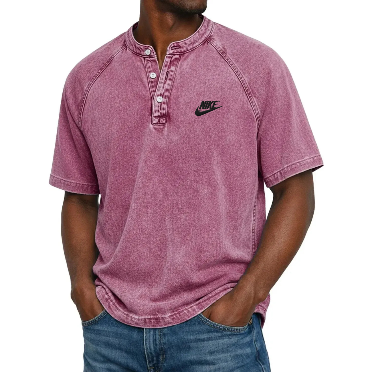 Klassisk Knapp-Hals Henley T-shirt - Utförsäljning
