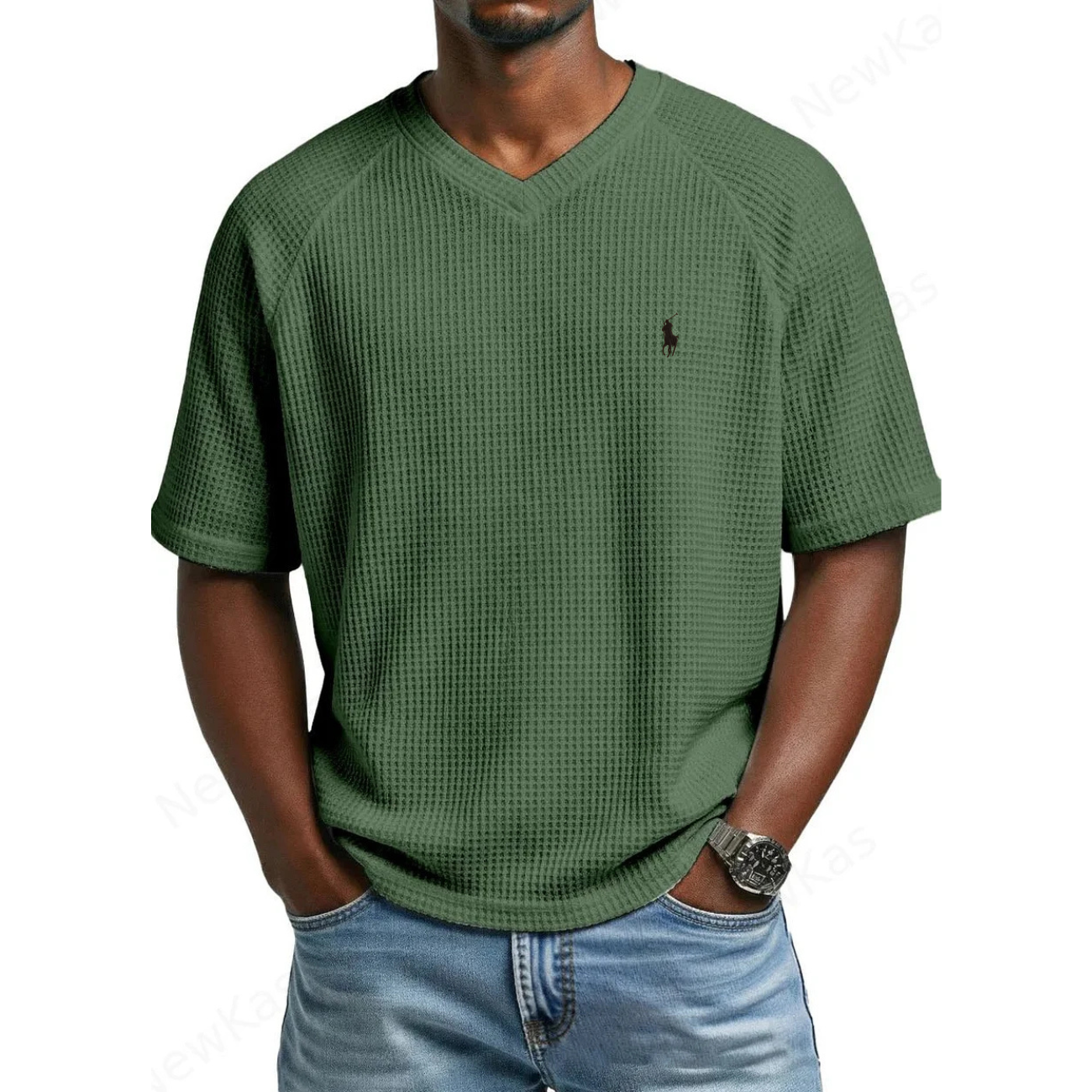 2026 Waffle Stickad V-ringad T-shirt - Utförsäljning