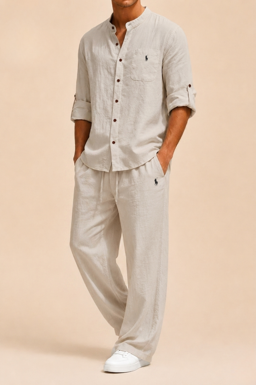 Mandarin Collar Linen Set - Utförsäljning