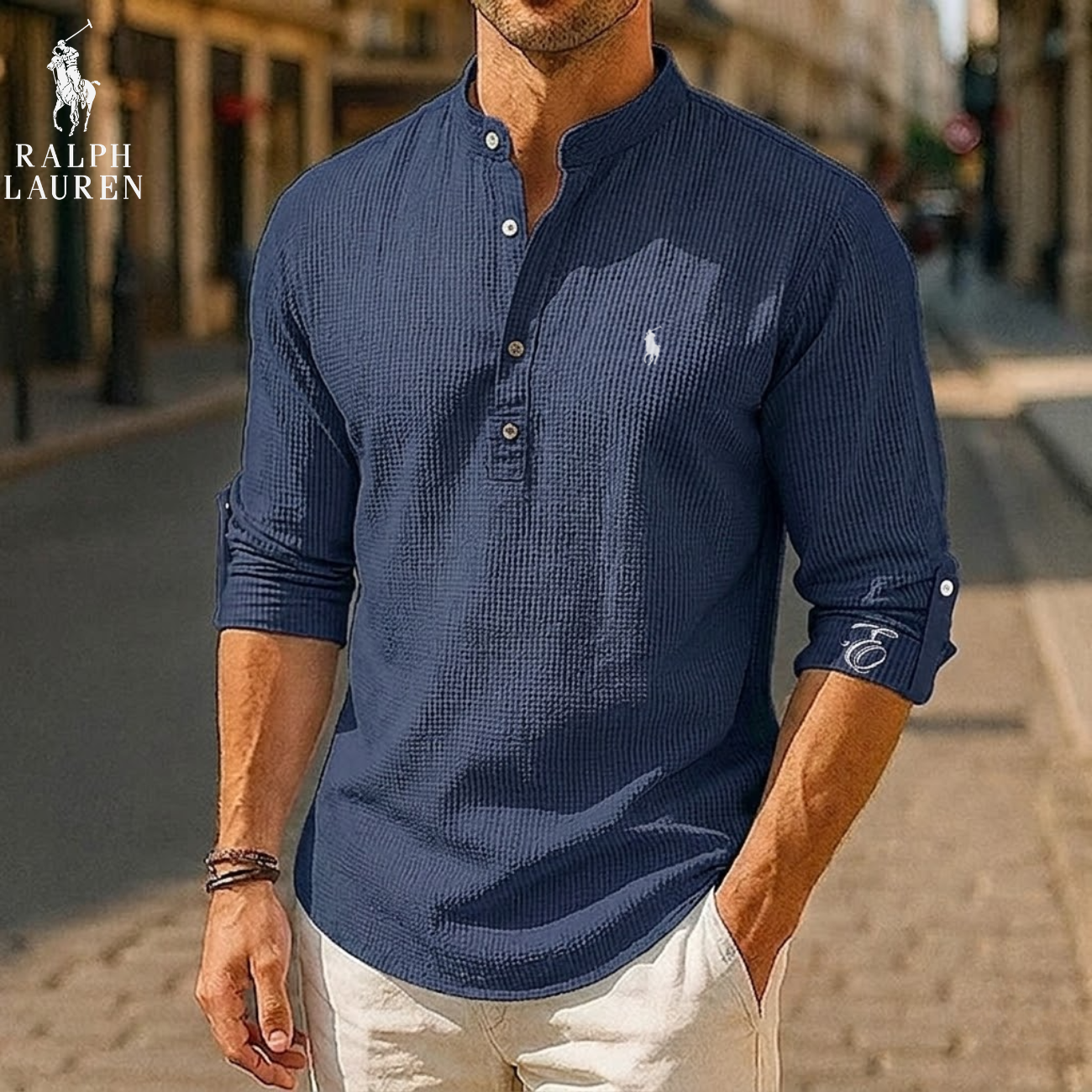 2026 Texturerad våffelstickad Henley-tröja || Utförsäljning
