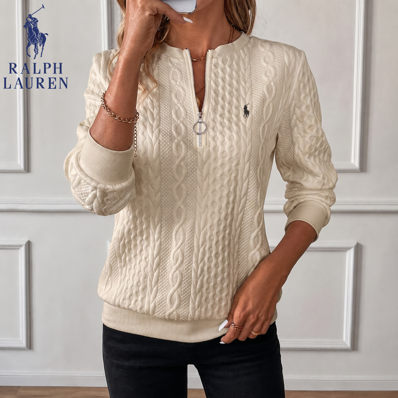Kabelstickad Quarter-Zip Pullover || Utförsäljning