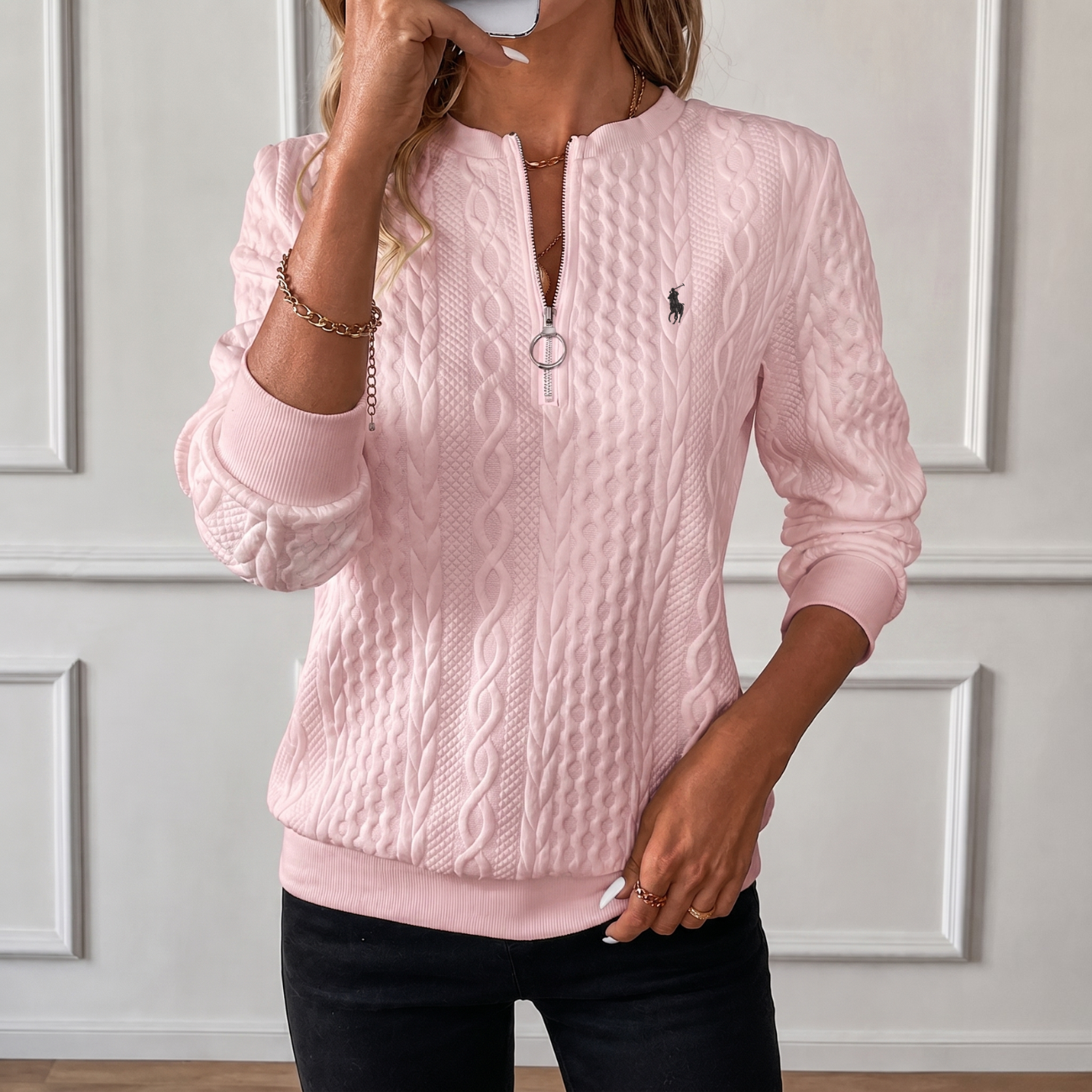 Kabelstickad Quarter-Zip Pullover - Utförsäljning