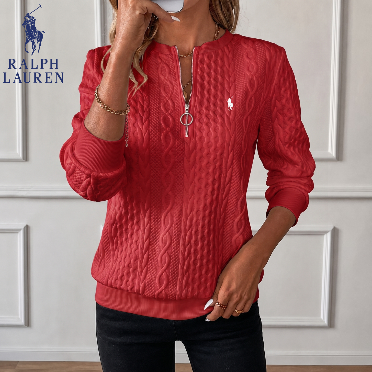 Kabelstickad Quarter-Zip Pullover || Utförsäljning
